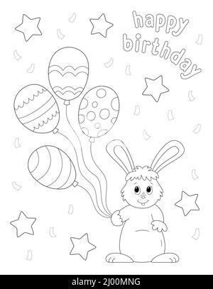 joyeux anniversaire page de coloriage avec un joli lapin tenant des ballons. orientation verticale Banque D'Images