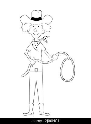 cowboy personnage de dessin animé, drôle de conception d'un homme avec chapeau, bandanna et tenant un lasso. contour noir et blanc illustration Banque D'Images
