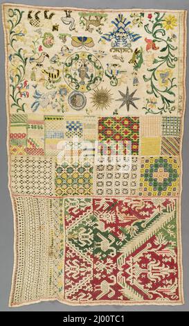 Échantillonneur. Mexique, vers 1785. Textiles; broderie. Tissage Uni en lin avec broderie de fils de soie et d'métallique, travail dessiné et dentelle à aiguille Banque D'Images