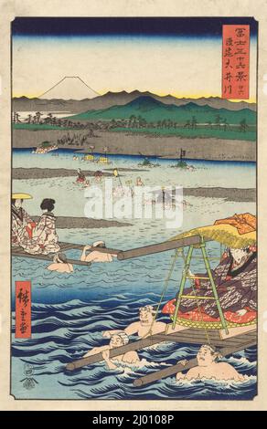 La rivière Ōi entre les provinces de Suruga et de Tōtōmi. Utagawa Hiroshige (Japon, Edo, 1797-1858). 1858, 4th mois. Imprimés; blocs de bois. Imprimé color block Banque D'Images