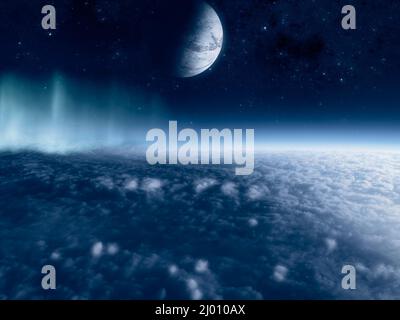 Paysage SCI-fi. Exoplanète vue d'une de ses lunes. Satellites d'une planète extraterrestre. Nuages et atmosphère d'une lune près d'une planète. 3d réf Banque D'Images