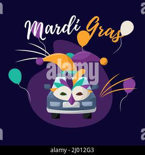 Modèle mardi gras coloré voiture isolée avec chapeau de jester et masque Vector Illustration de Vecteur