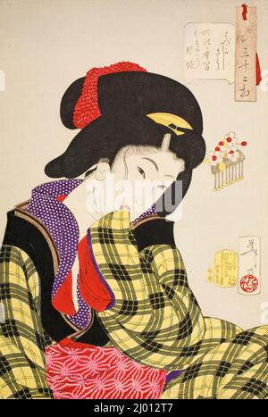 Regarder timide: Les manières d'une jeune fille de l'ère Meiji. Tsukioka Yoshitoshi (Japon, 1839-1892). 1888, novembre. Imprimés; blocs de bois. Imprimé color block Banque D'Images