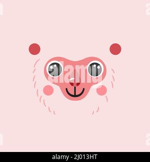 Macaque japonais neige mignon portrait carré sourire tête dessin animé forme ronde visage animal, isolé singe vecteur icône illustration. Plat simple dessiné à la main pour enfants affiche, cartes, t-shirts, vêtements de bébé Illustration de Vecteur