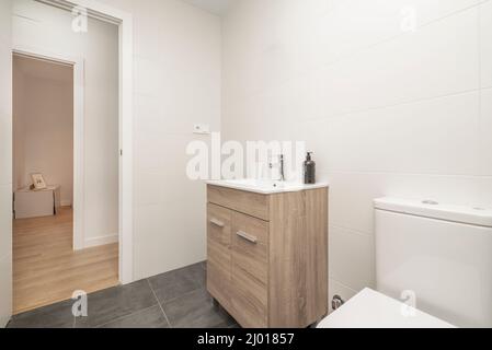 salle de bains avec toilettes en porcelaine blanche, murs blancs, mobilier en bois et sol en grès foncé Banque D'Images