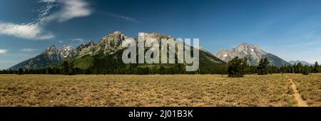 Panorama de Flat Valley et de la chaîne de Grand Teton qui s'élève au-dessus du champ d'été Banque D'Images