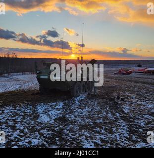 Les soldats du 2nd Bataillon, 112th Infantry Regiment, 56th Stryker Brigade combat Team, se plient à leur capacité de communiquer lorsqu'ils répondent aux missions d'incendie pendant l'entraînement à fort Pickett, en Virginie. Les soldats du bataillon ont travaillé avec les soldats de la première armée pour développer leurs capacités et leurs procédures opérationnelles standard (États-Unis Photo de courtoisie de l'armée). Banque D'Images