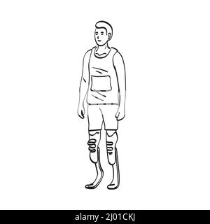 line art athlétique homme handicapé avec prothétique lames de course illustration vecteur main dessiné isolé sur fond blanc Illustration de Vecteur