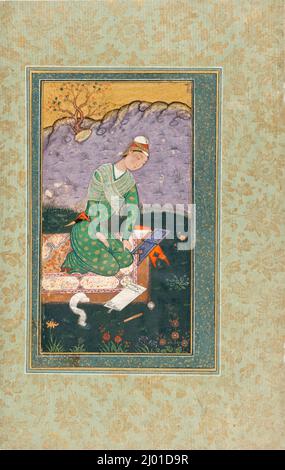 Autoportrait de Mir Sayyid Ali. Mir Sayyid Ali (Iran, Inde active, vers 1510-1572). Pakistan, Lahore, empire moghol, 1555-1556. Mobilier. Aquarelle opaque, or et encre sur papier Banque D'Images