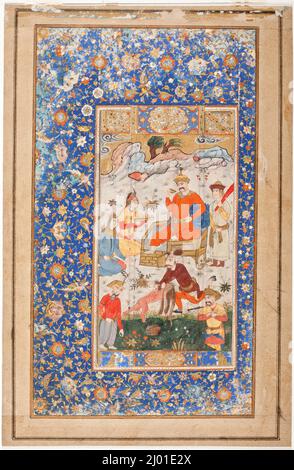 Khuscrude célébrer après avoir tué le Dragon, page d'un manuscrit du Khamsa (Quintet) de Nizami. Iran, Safavide, 17th siècle. Manuscrits; folios. Aquarelle opaque, encre sur papier Banque D'Images