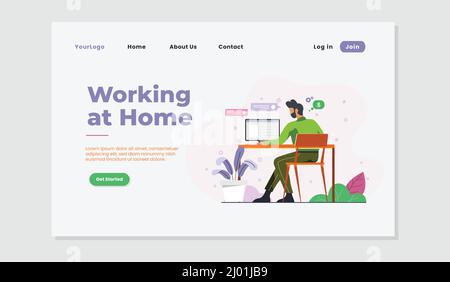 Travail à partir de la maison site plat concept de page d'arrivée conception d'interface utilisateur. Illustration de Vecteur