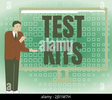 Inspiration montrant des kits de test de signe. Outils photo conceptuels utilisés pour détecter la présence de quelque chose dans le corps homme d'affaires debout présentant des graphiques Banque D'Images