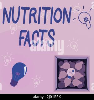 Affiche textuelle montrant les faits nutritionnels. Concept Internet informations détaillées sur les éléments nutritifs de la nourriture luminescent lumière ampoule dessin dans la boîte Afficher Banque D'Images