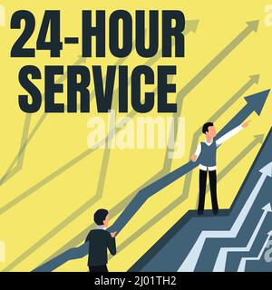 Affiche Service 24 heures. Concept signification service qui est disponible à tout moment et habituellement chaque jour flèches guider deux hommes d'affaires collaborateurs Banque D'Images