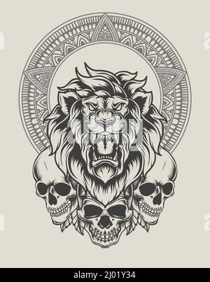 illustration tête de lion avec crâne monochrome Illustration de Vecteur