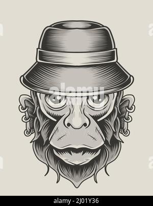 illustration tête de singe vintage avec chapeau Illustration de Vecteur