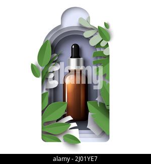 Flacon compte-gouttes cosmétique coupé en papier avec huile essentielle, flacon en verre de sérum. Annonces de produits de beauté et de soins de la peau, vecteur. Illustration de Vecteur