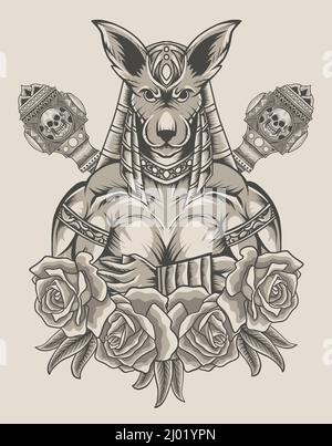 illustration anubis avec une arme de rose et de marteau Illustration de Vecteur