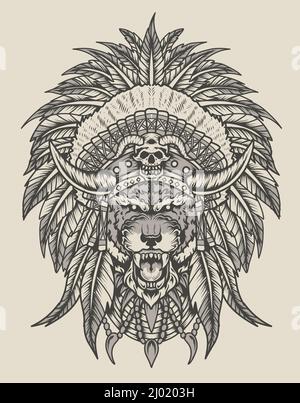 illustration de style indien tigre apache monochrome Illustration de Vecteur