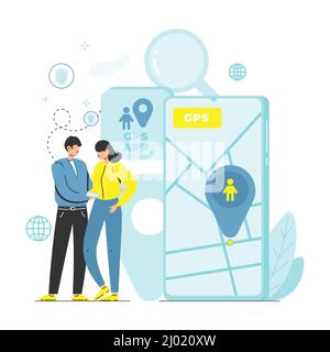 Parents suivant la position des enfants avec l'application mobile gps, illustration vectorielle plate. Concept de contrôle parental. Illustration de Vecteur