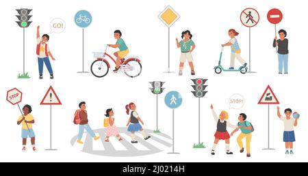 Éducation à la circulation, règles de sécurité routière pour les enfants. Les enfants apprennent des panneaux de signalisation, des passages latéraux, des lumières, des pistes cyclables, des vecteurs. Illustration de Vecteur