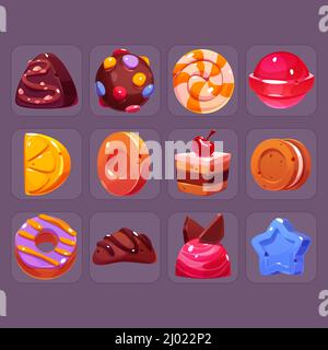 Jeu de bonbons icônes dessin animé vecteur ensemble. Sucreries pralines, caramel rond rayé, sucettes, caramel mou, gâteau, beignet et et étoile, boule de chocolat avec dragee, biscuit sandwich, tranche de citron et éléments ui chocolat Illustration de Vecteur