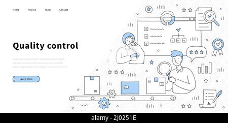 Page d'accueil du contrôle de la qualité. Les inspecteurs testent la production sur le tapis transporteur et au microscope. Fabrication du produit, sécurité , inspection, certificat de garantie, bannière web vecteur Line art Illustration de Vecteur