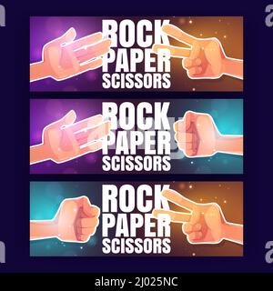 Rock, papier, ciseaux bande dessinée bannières avec les mains humaines jouant le jeu montrant les doigts gestes. Concours des amis, décision et stratégie pour gagner, les joueurs s'amusent, illustration vectorielle Illustration de Vecteur