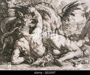 Le Dragon dévore les compagnons de Cadmus. Hendrik Goltzius (pays-Bas, Mülbracht [aujourd'hui Bracht-am-Niederrhein], 1558-1617)Cornelis Cornelisz. Van Haarlem (pays-Bas, Haarlem, 1562-1638). Hollande, 1588. Gravures; gravures. Gravure Banque D'Images