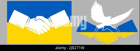 Poignée de main et pigeon volant dans le fond du drapeau de l'Ukraine. Illustration de Vecteur