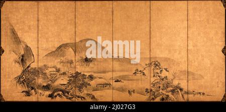 Paysage. Watanabe Shikō (Japon, 1683-1755). Japon, période Edo, 18th siècle. Tableaux; écrans. Un de deux écrans à six panneaux ; encre sur feuille d'or Banque D'Images