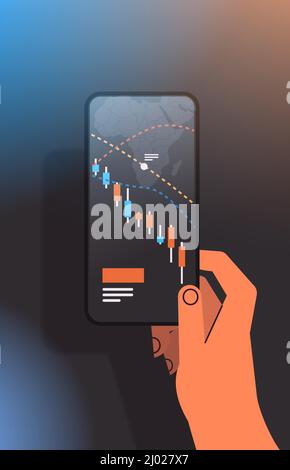 trader analyse main tombant à la baisse bourse graphique de négociation de chandelier graphique sur l'écran de smartphone investissement financier Illustration de Vecteur