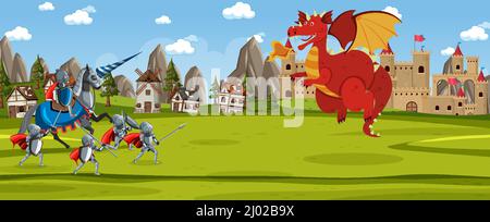 Scène avec chevalier et dragon en terre conte illustration Illustration de Vecteur