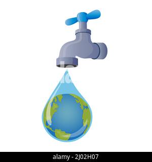 Illustration vectorielle du robinet d'eau avec le globe terrestre à l'intérieur de la goutte d'eau sur fond blanc Illustration de Vecteur