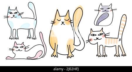 Vector Collection de chats Doodle drôles avec taches d'aquarelle sur le fond. Illustration de Vecteur