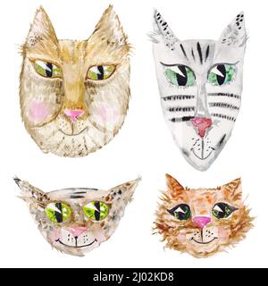 Illustration peinte à la main avec visages amusants de chats de dessin animé sur fond blanc Banque D'Images