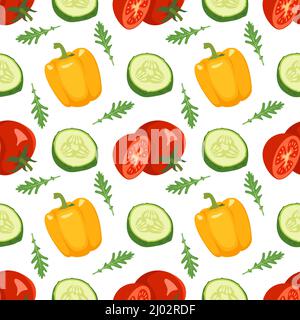 Motif de légumes sans couture avec tomate, concombre, légume d'arugula et poivre sur fond blanc. Imprimé alimentaire végétalien sain pour les textiles, le papier et les motifs. Illustration vectorielle plate Illustration de Vecteur