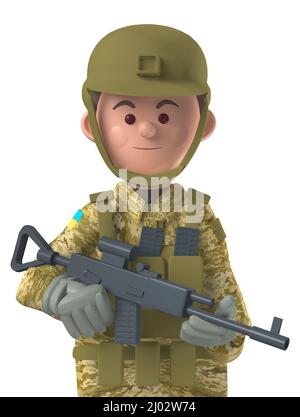 Personnage de dessin animé 3D avatar soldat ukrainien dans un équipement de combat isolé sur blanc Banque D'Images