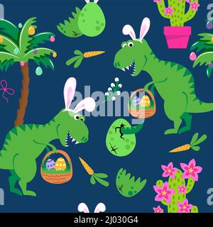 Dino Pâques chasse aux œufs - drôle de dessin animé dinosaures, os, et oeufs. Mignon t rex, personnages. Ensemble de dessin de caniche pour enfants. Bon pour textil Illustration de Vecteur