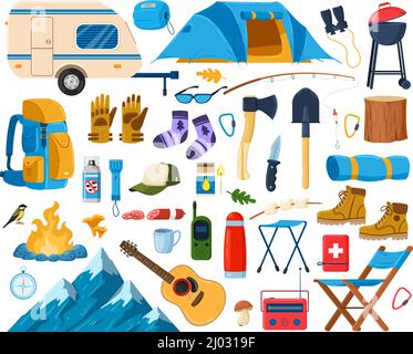 Dessin animé camping touristique et éléments de randonnée, carte, tente, feu de camp. Équipement de randonnée, ensemble de symboles vecteur de camping. Excursion en montagne, équipement de randonnée Illustration de Vecteur