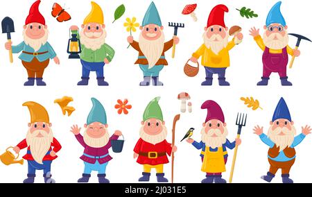 Nains de fées de dessin animé, personnages nains mignons. Décor de jardin amusant gnomes vecteur illustration ensemble. Des nains adorables en chapeaux rouges Illustration de Vecteur