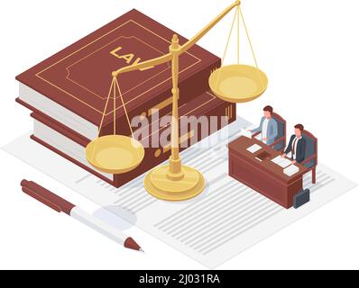 Concept de droit isométrique, balance, livre de justice et cas. Illustration de vecteur de défense par un avocat. Symboles de justice et de droit Illustration de Vecteur