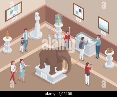 Intérieur du musée isométrique, exposition à l'histoire, expositions anciennes. Salle du musée avec illustrations vectorielles visiteurs et guides. Mammont, vases anciens et Illustration de Vecteur