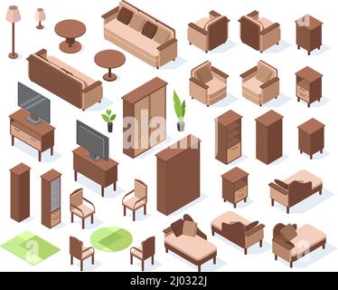 Mobilier de salon isométrique, canapé, chaise, canapé et table. Éléments de l'appartement avec décor vectoriel moderne de rénovation. Fauteuil et café Illustration de Vecteur