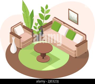 Intérieur d'appartement isométrique confortable, salon contemporain 3D meubles. Salle de séjour avec canapé, fauteuil et illustration vectorielle de fleurs en pot Illustration de Vecteur