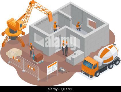 Construction isométrique, chantier de construction, ouvriers et grues camions. Illustration vectorielle de l'équipement de construction de bâtiments et des grues. Construction Illustration de Vecteur