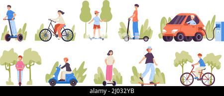 Les gens font du scooter, de la bicyclette, du skateboard, de la moto et de la voiture électrique. Jeu d'illustrations vectorielles humain sur planque et scooter gyroscopique. Caractères pilotant Illustration de Vecteur