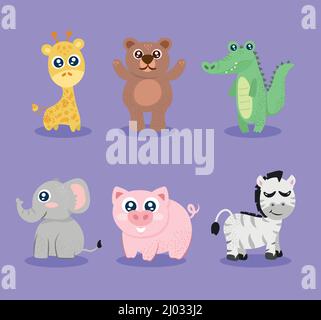 groupe de six personnages animaux mignons Illustration de Vecteur