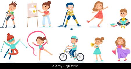 Enfants Créatif et sport passe-temps, bébé musicien, danseur, artiste. Jeu d'illustrations vectorielles pour la lecture, la peinture, le sport et la danse. Jardin d'enfants Illustration de Vecteur