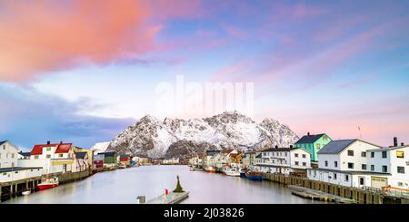 Rose arctique lever de soleil sur les maisons traditionnelles dans le village de pêcheurs de Henningsvaer en hiver, Nordland, îles Lofoten, Norvège, Scandinavie, Europe Banque D'Images